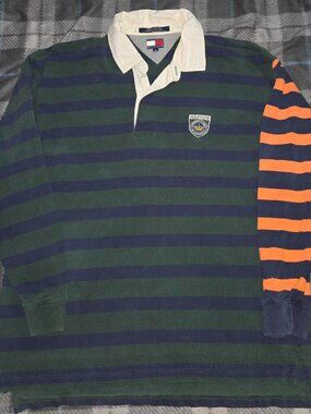 vintage tommy Hilfiger green orange rugby long sleeve shirt